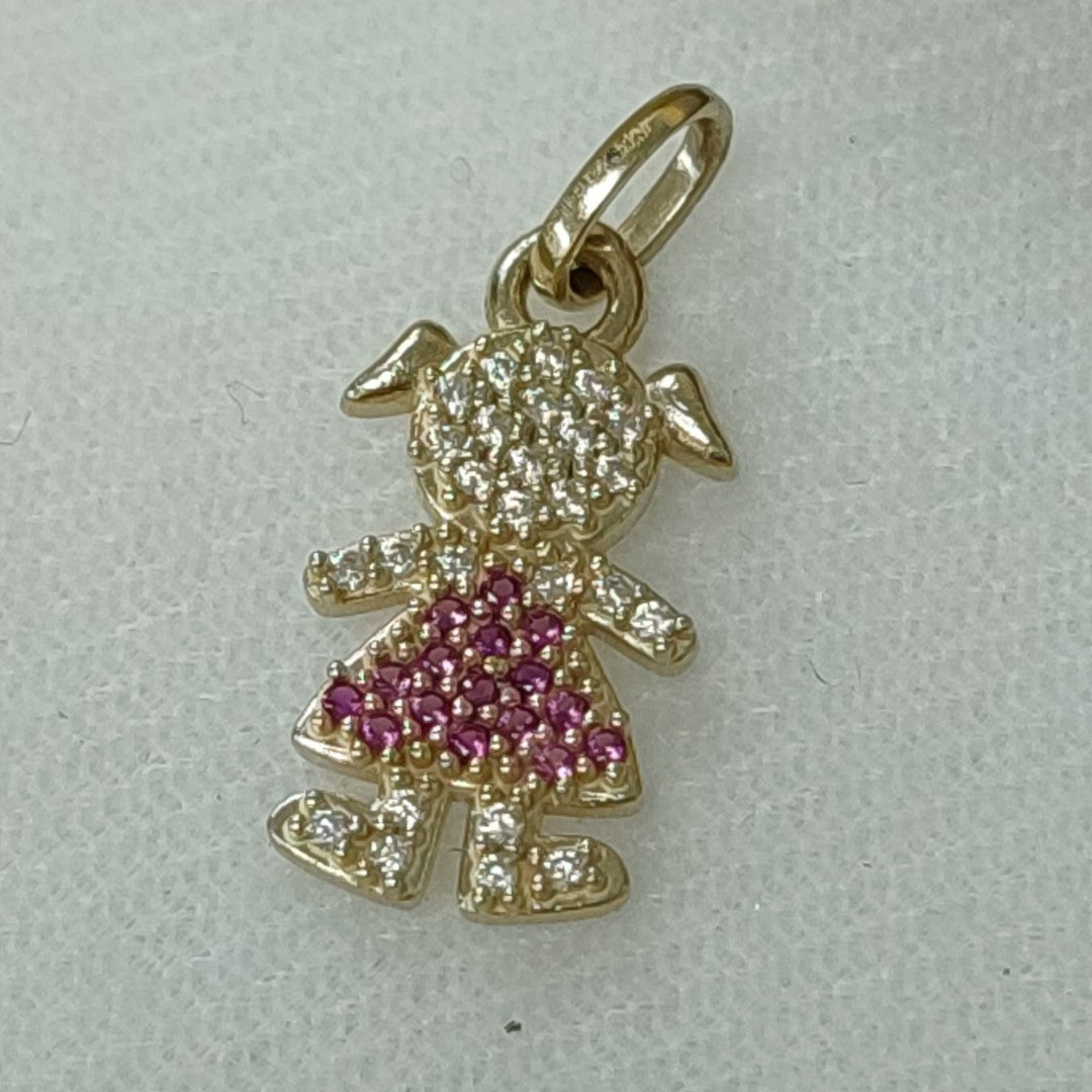 DIJE NIÑA CON CIRCONIAS Y PIEDRAS DE COLOR 10K 1.1 GR (NUEVO)