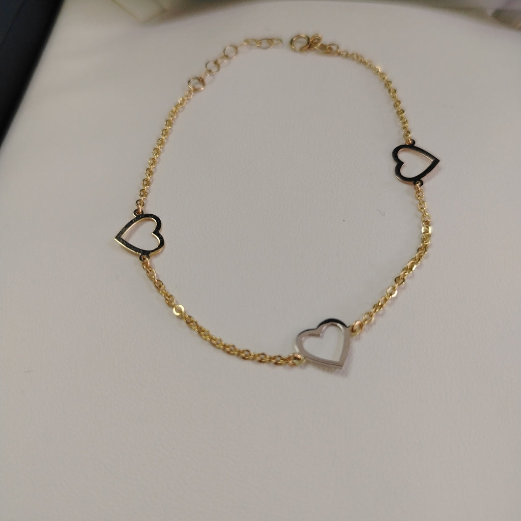 PULSERA ESPECIAL CON CORAZONES CONBINADOS 14K 18 CM 1.7 GR (NUEVO)