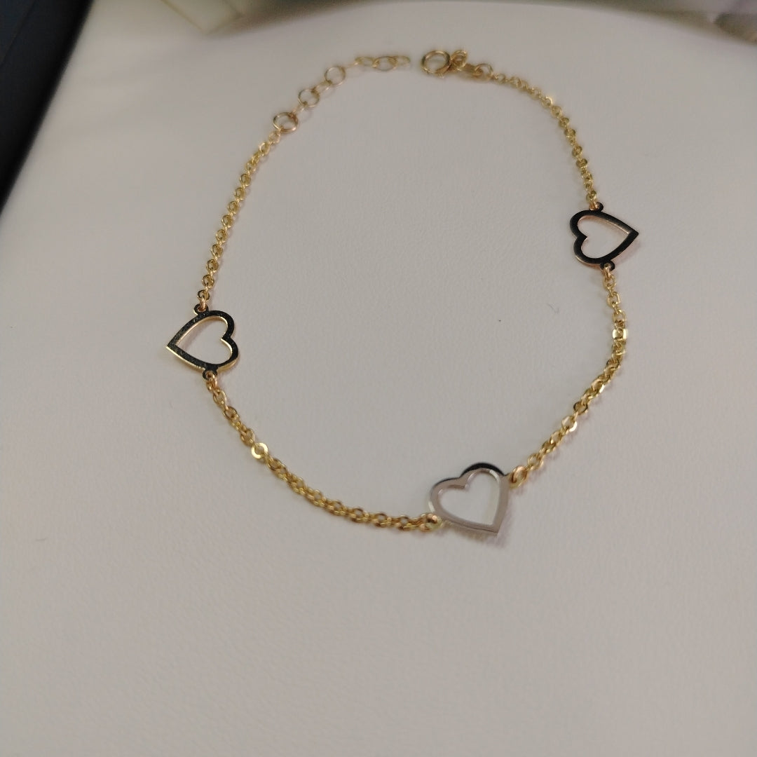 PULSERA ESPECIAL CON CORAZONES CONBINADOS 14K 18 CM 1.7 GR (NUEVO)