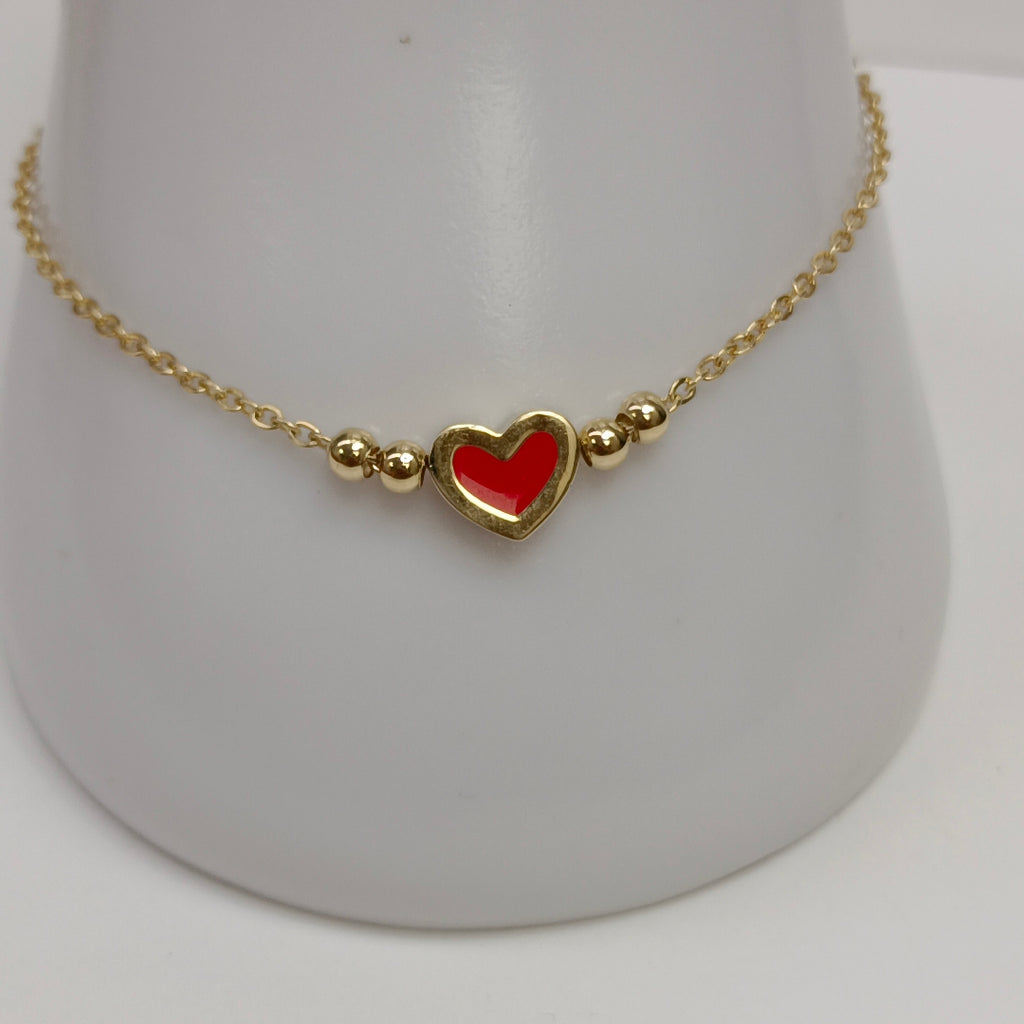 PULSERA TEJIDO ESPECIAL C CORAZON ROJO 14K 18 CM 2.1 GR (NUEVO)