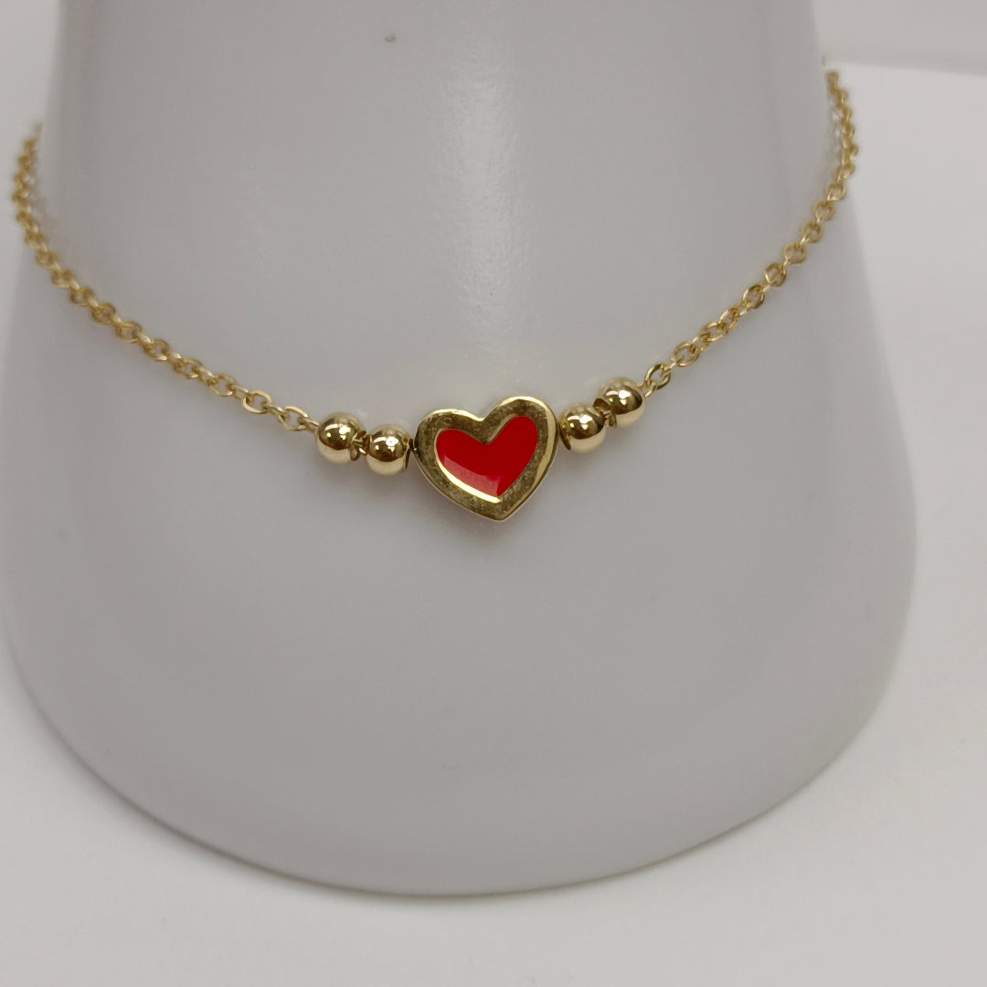 PULSERA TEJIDO ESPECIAL C CORAZON ROJO 14K 18 CM 2.1 GR (NUEVO)