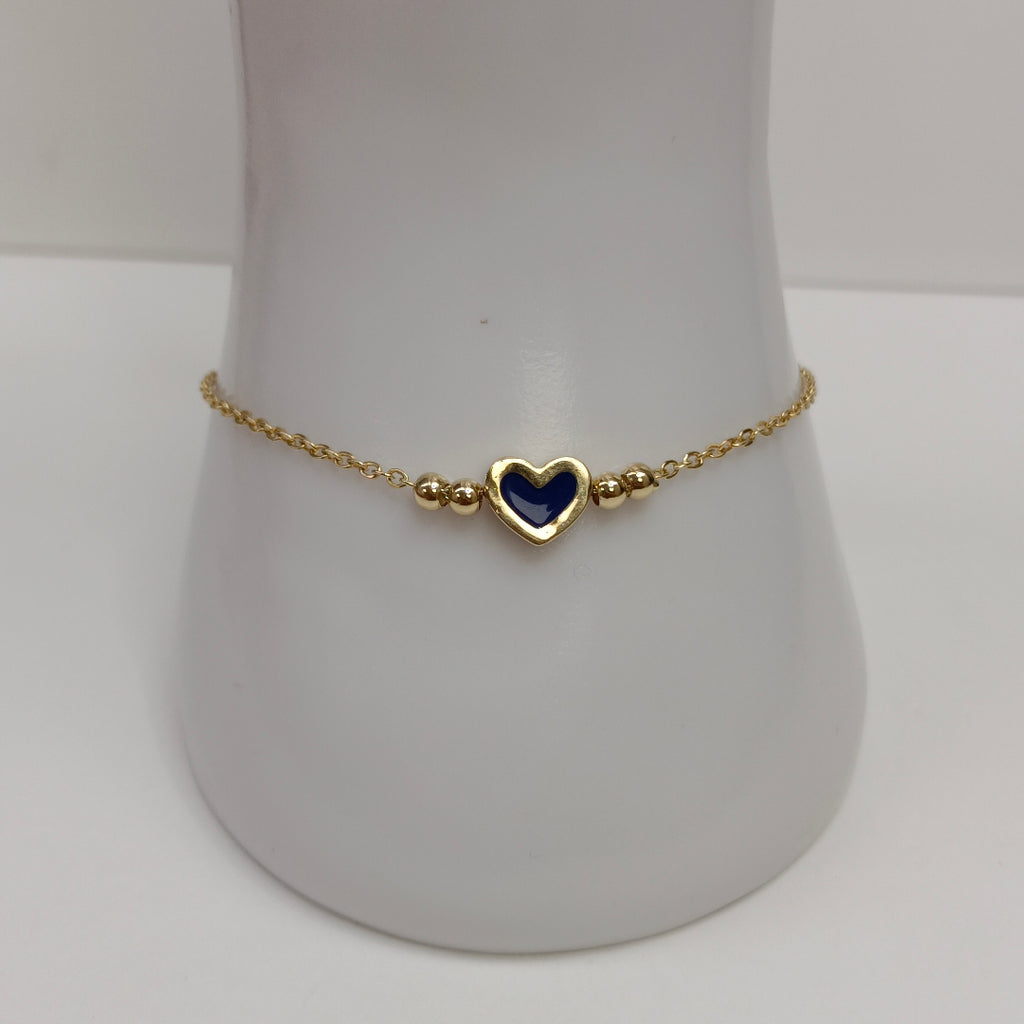PULSERA TEJIDO ESPECIAL CON FIGURA CORAZON CON ESMALTE AZUL 14K 18 CM 2 GR (NUEVO)