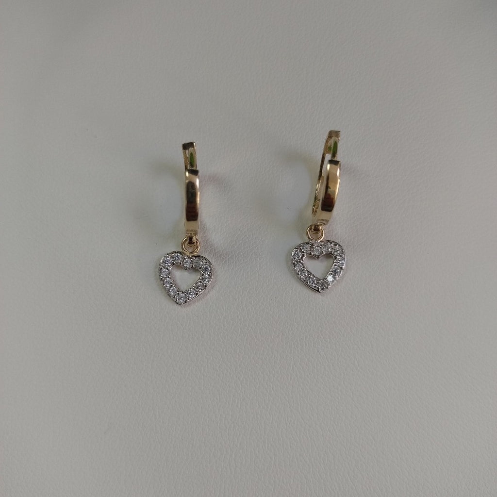 ARETES HUGGIES CON DIJE CORAZON Y CIRCONIAS 14K 2.2 GR (NUEVO)