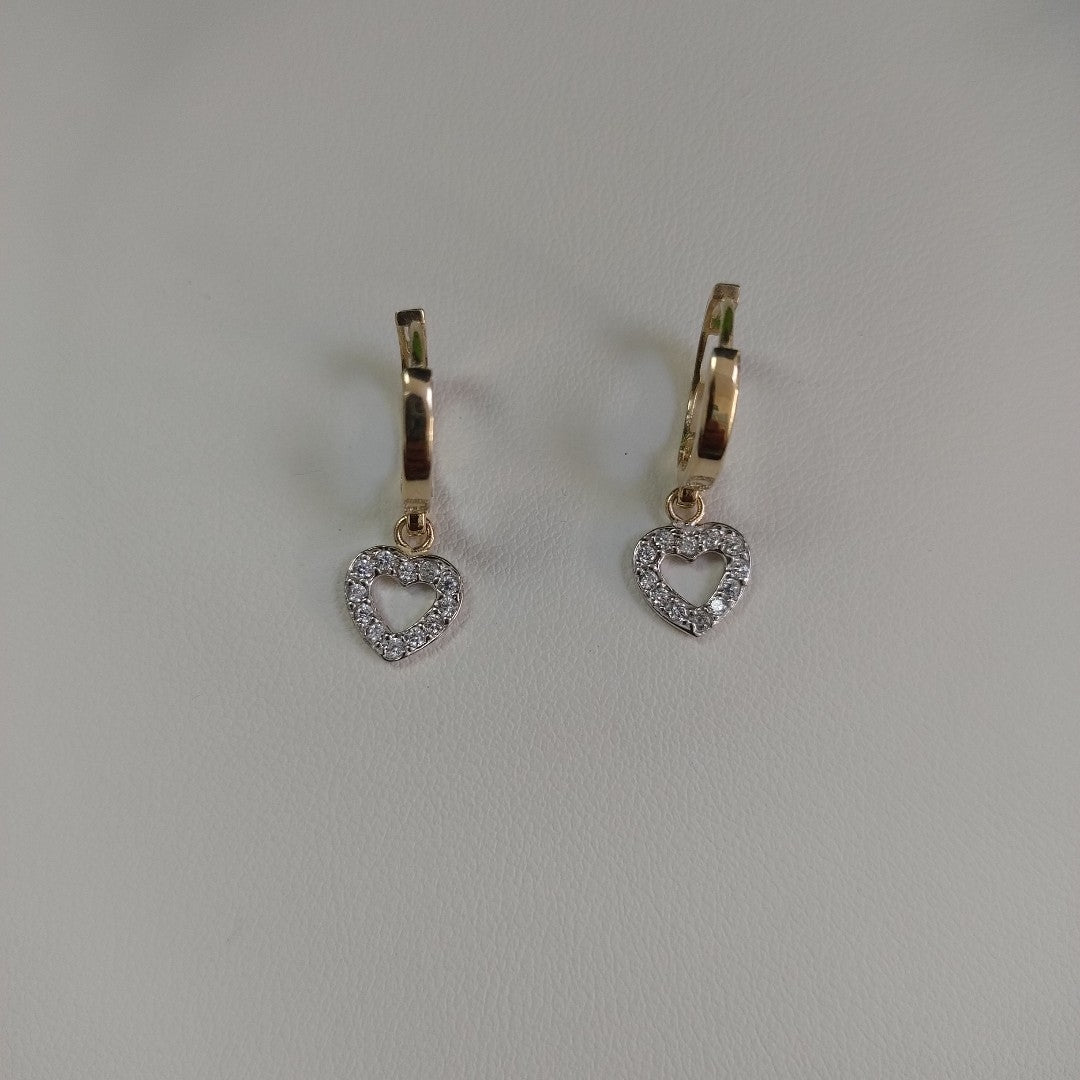 ARETES HUGGIES CON DIJE CORAZON Y CIRCONIAS 14K 2.2 GR (NUEVO)