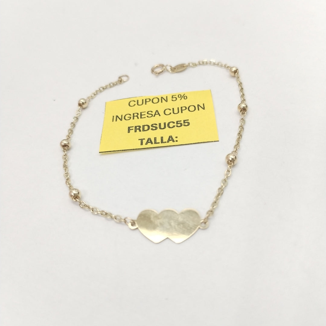 PULSERA TEJIDO ESPECIAL CON DOS CORAZONES 14K 18 CM 1.7 GR (NUEVO)
