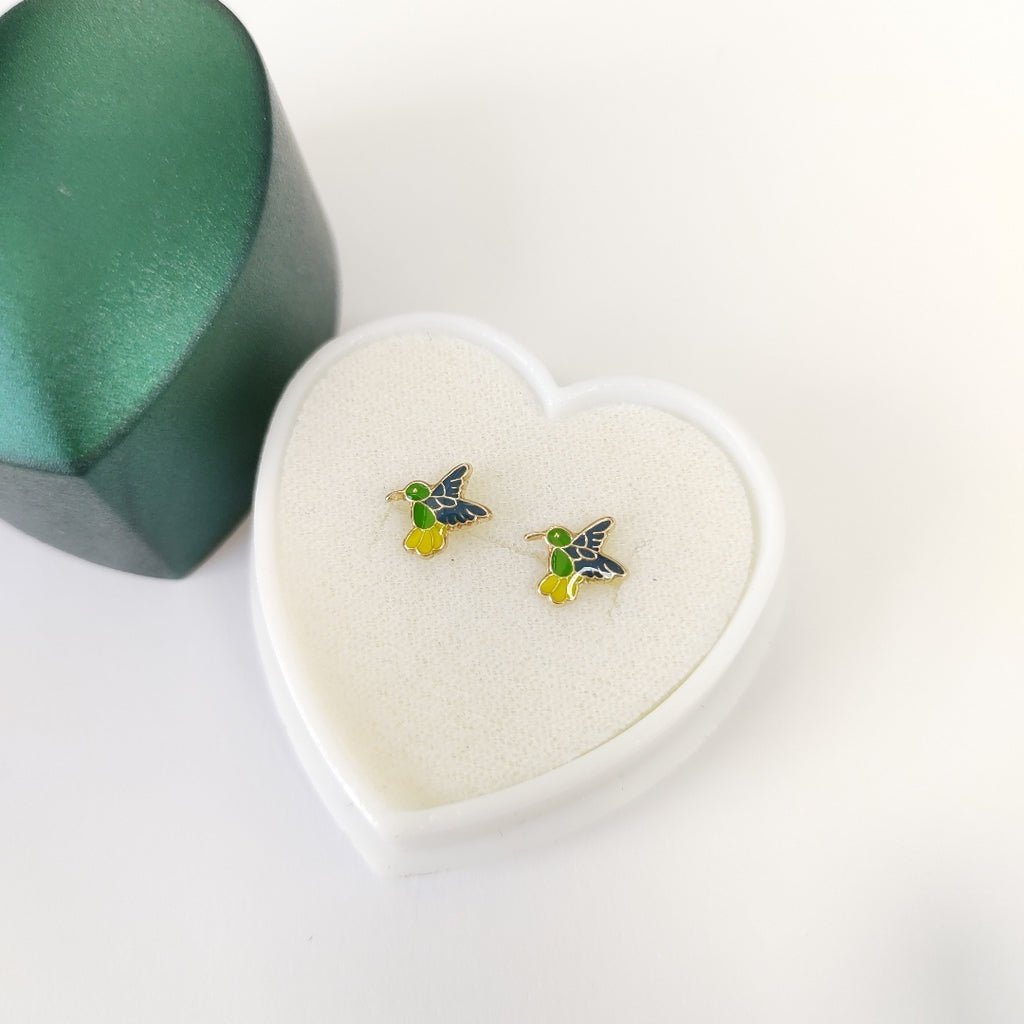BROQUELES BROQUEL FIG COLIBRI ESMALTE VERDE 14K 0.2138 GR (NUEVO)