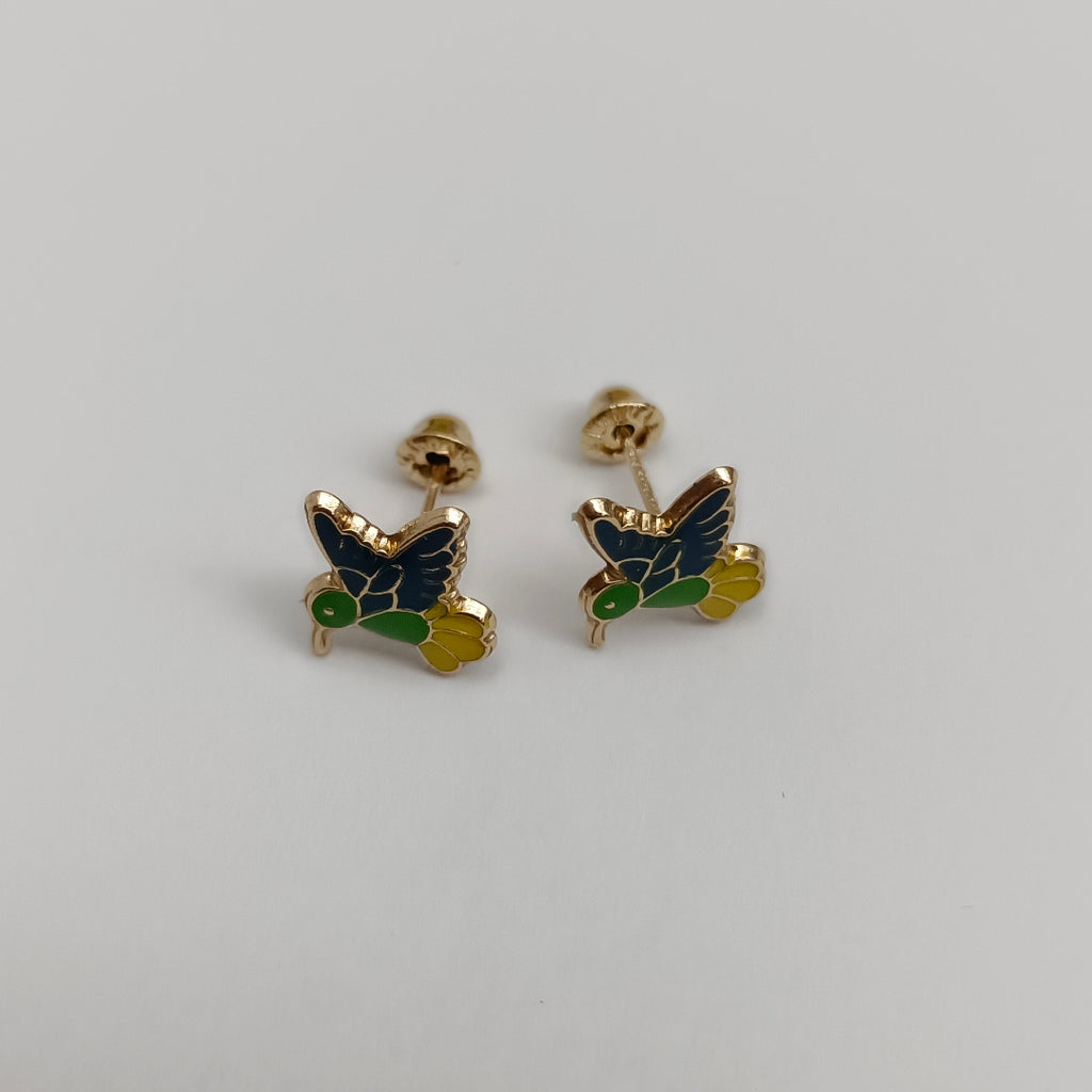 BROQUELES BROQUEL FIG COLIBRI ESMALTE VERDE 14K 0.2138 GR (NUEVO)