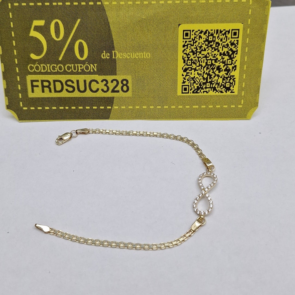 PULSERA TEJIDO ESPECIAL CON INFINITO Y CIRCONIAS 14K 18 CM 3.4 GR (NUEVO)