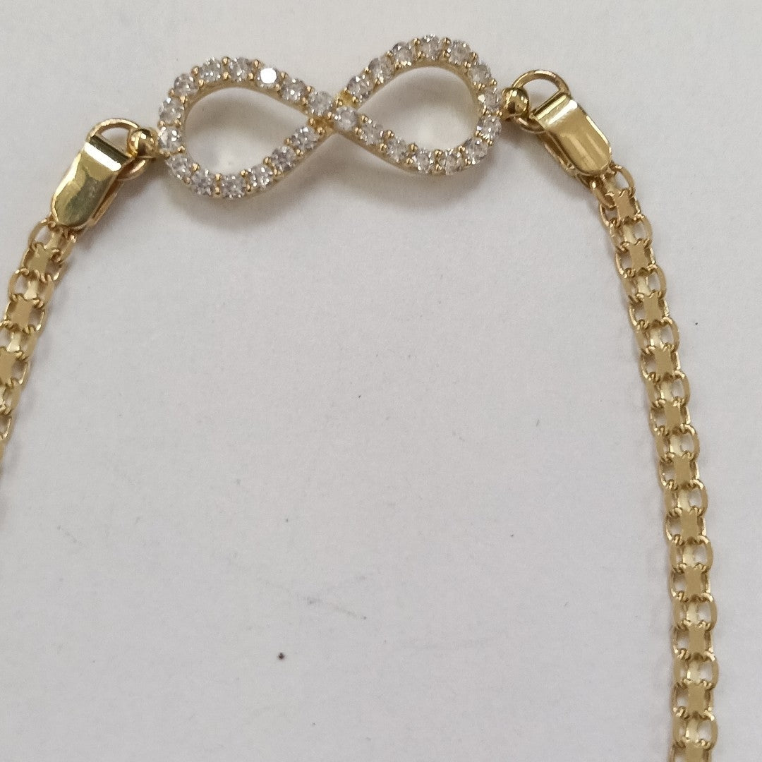 PULSERA TEJIDO ESPECIAL CON INFINITO Y CIRCONIAS 14K 18 CM 3.4 GR (NUEVO)