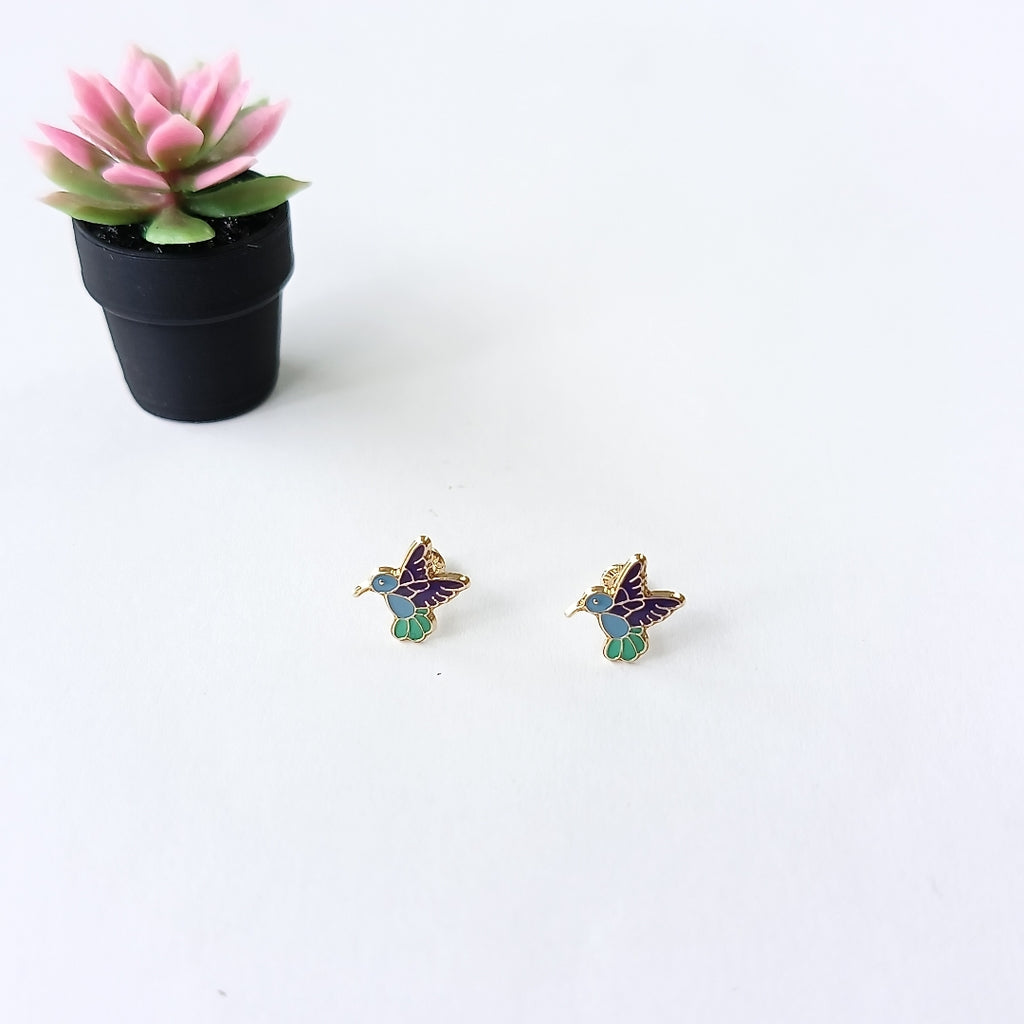 BROQUELES BROQUEL FIG COLIBRI ESMALTE AZUL 14K 0.2138 GR (NUEVO)