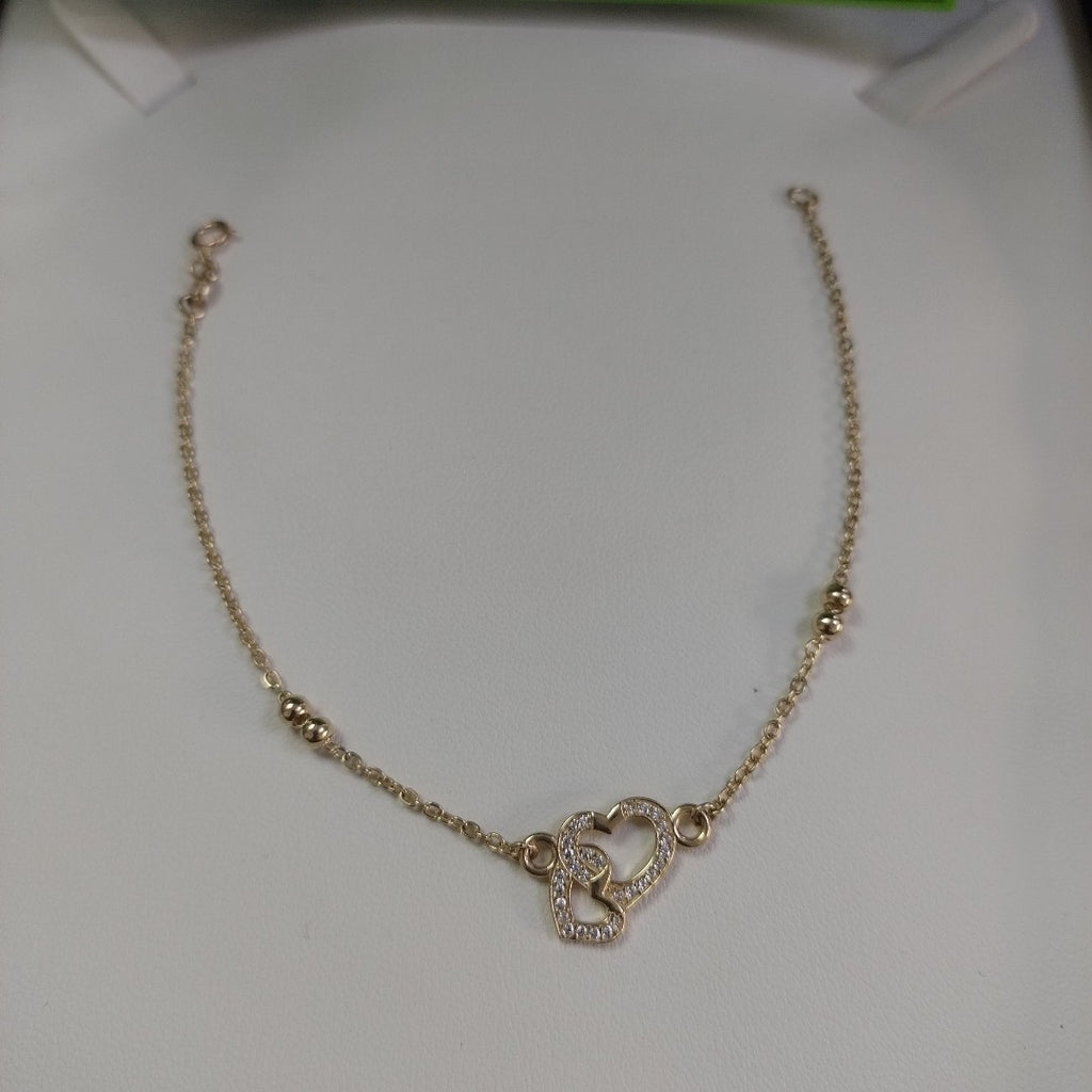 PULSERA TEJIDO ESPECIAL CORAZONES CON CIRCONIAS 14K 18 CM 2.4 GR (NUEVO)