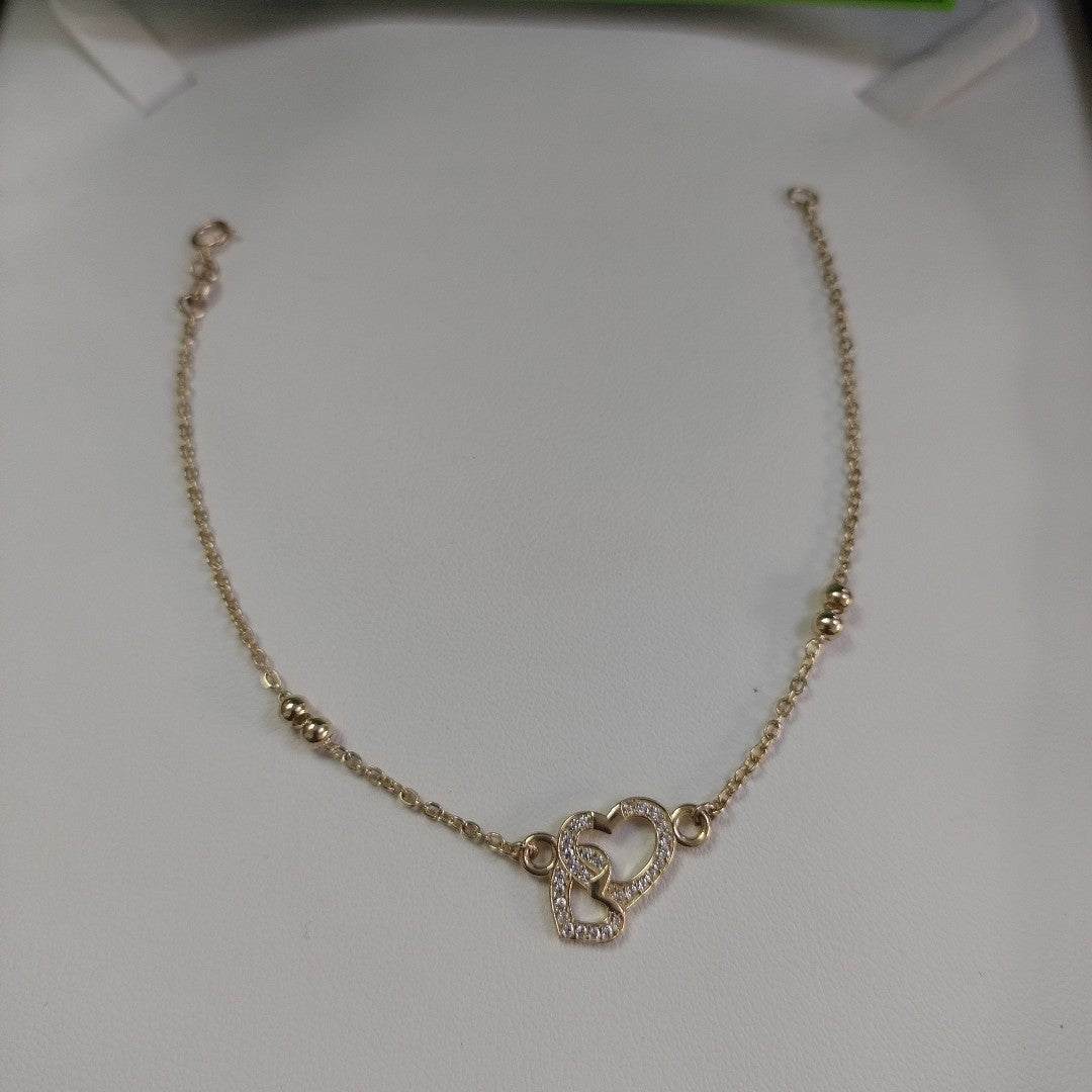PULSERA TEJIDO ESPECIAL CORAZONES CON CIRCONIAS 14K 18 CM 2.4 GR (NUEVO)