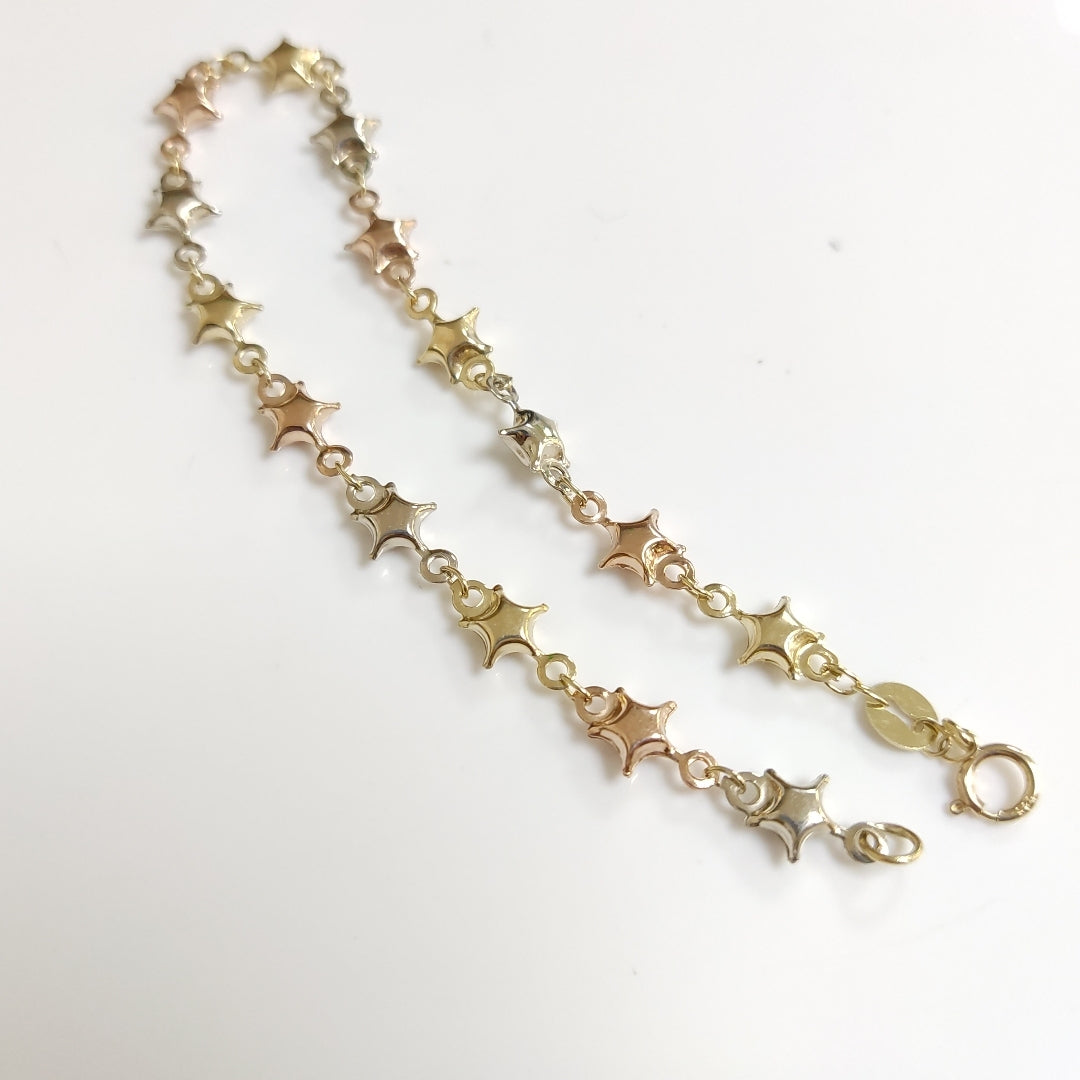 PULSERA TEJIDO ESPECIAL ESTRELLAS COMBINADAS 14K 18 CM 2.3 GR (NUEVO)