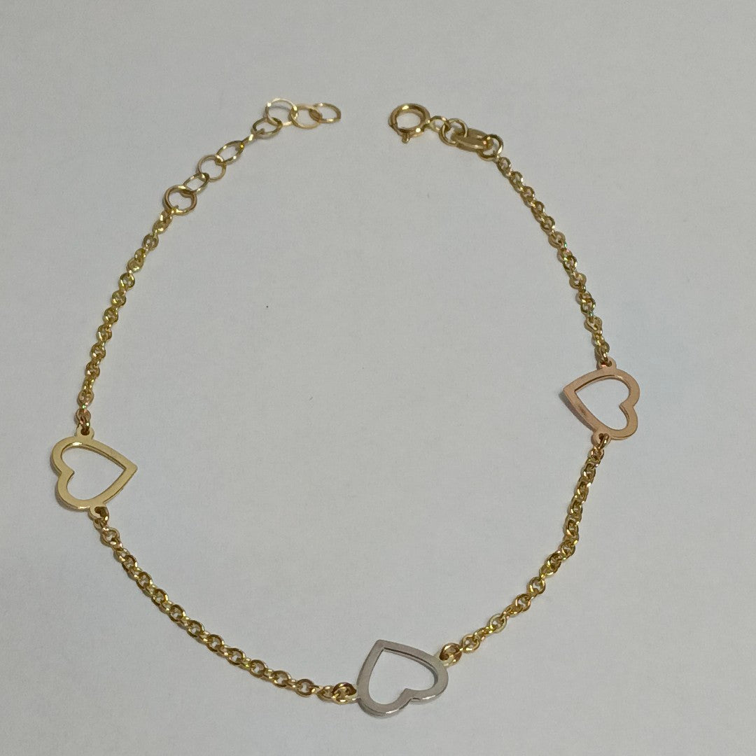 PULSERA ESPECIAL CON CORAZONES CONBINADOS 14K 18 CM 1.7 GR (NUEVO)
