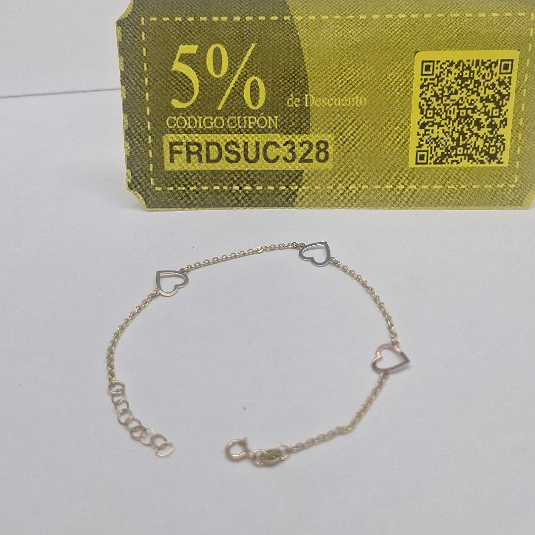 PULSERA ESPECIAL CON CORAZONES CONBINADOS 14K 18 CM 1.6 GR (NUEVO)