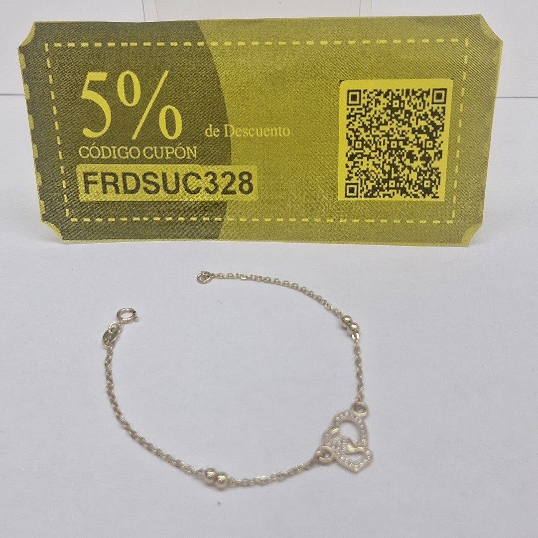 PULSERA TEJIDO ESPECIAL CORAZONES CON CIRCONIAS 14K 18 CM 2.4 GR (NUEVO)
