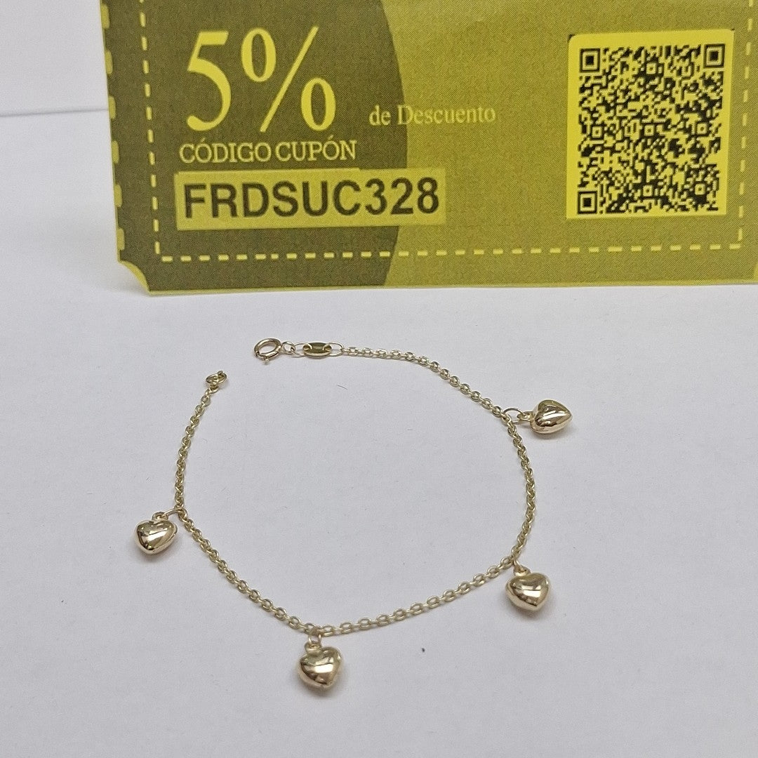 PULSERA ESP CON FIG CORAZONES 14K 18 CM 1.8 GR (NUEVO)