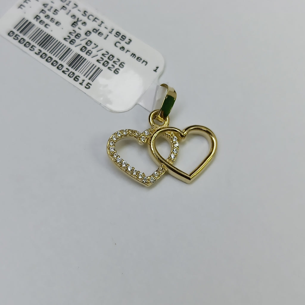 DIJE TEJIDO DOS CORAZONES CON CIRCONIAS 14K 1.4 GR (NUEVO)