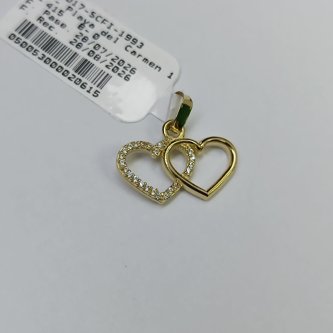 DIJE TEJIDO DOS CORAZONES CON CIRCONIAS 14K 1.4 GR (NUEVO)