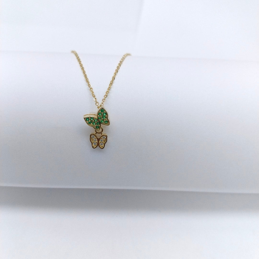 CADENA TEJIDO GARGANTILLA CON DIJE MARIPOSAS CIRCONIAS Y PIEDRAS DE COLOR 14K 45 CM 2 GR (NUEVO)