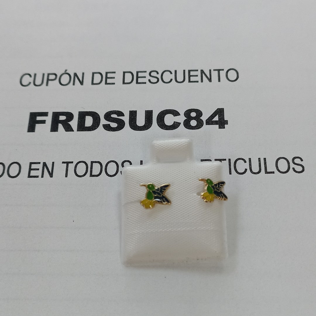BROQUELES BROQUEL FIG COLIBRI ESMALTE VERDE 14K 0.2138 GR (NUEVO)
