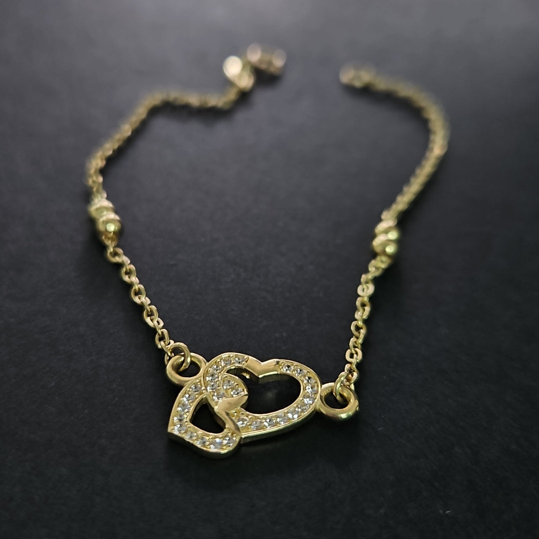 PULSERA TEJIDO ESPECIAL CORAZONES CON CIRCONIAS 14K 18 CM 2.4 GR (NUEVO)
