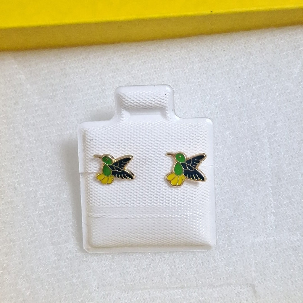 BROQUELES BROQUEL FIG COLIBRI ESMALTE VERDE 14K 0.2138 GR (NUEVO)