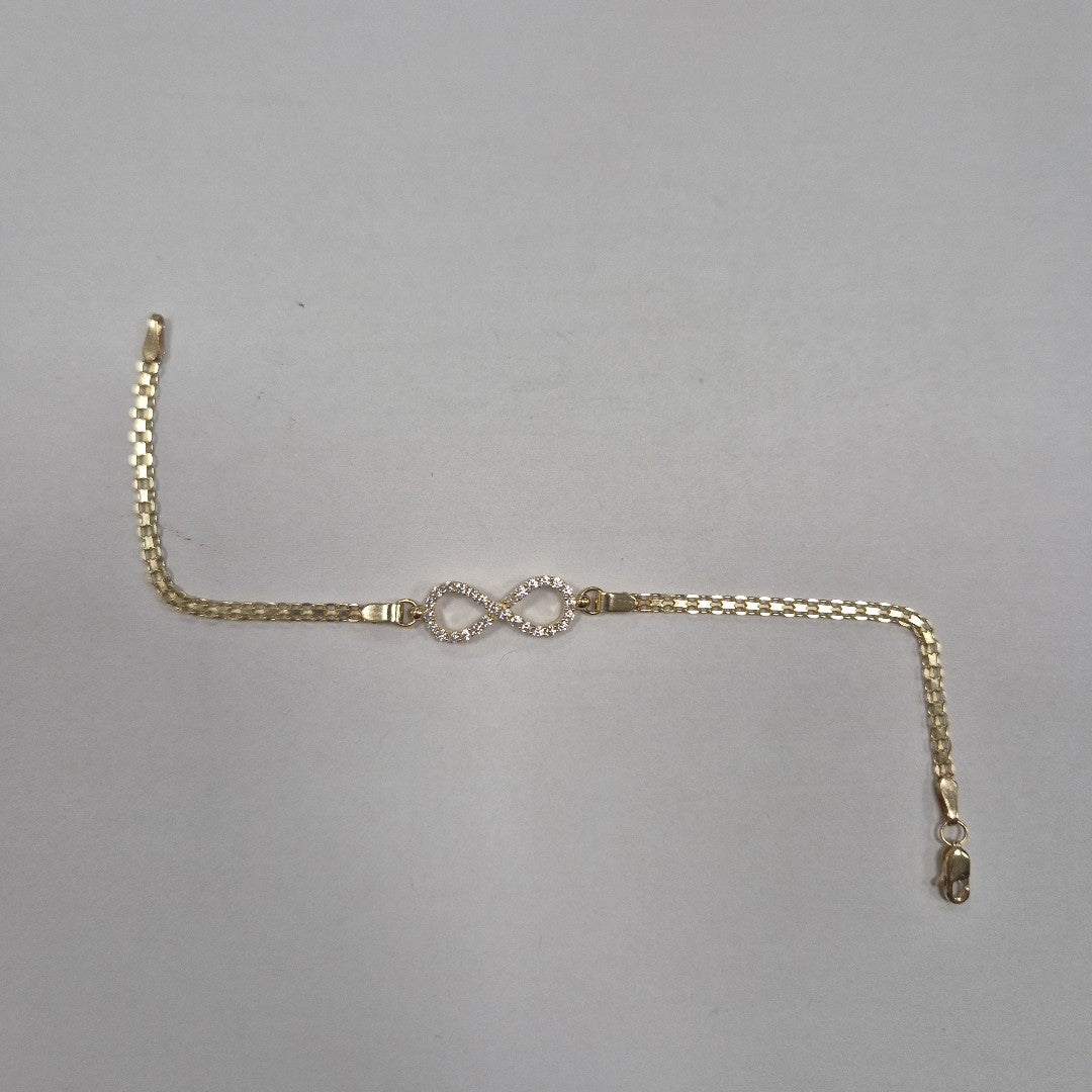 PULSERA TEJIDO ESPECIAL CON INFINITO Y CIRCONIAS 14K 18 CM 3.4 GR (NUEVO)