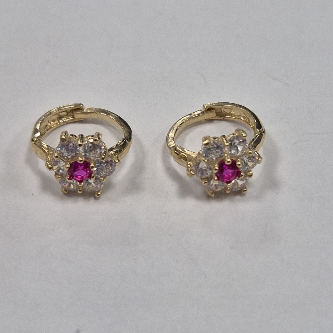 ARETES HUGGIES CON CIRCONIAS Y PIEDRA DE COLOR 14K 1.8 GR (NUEVO)