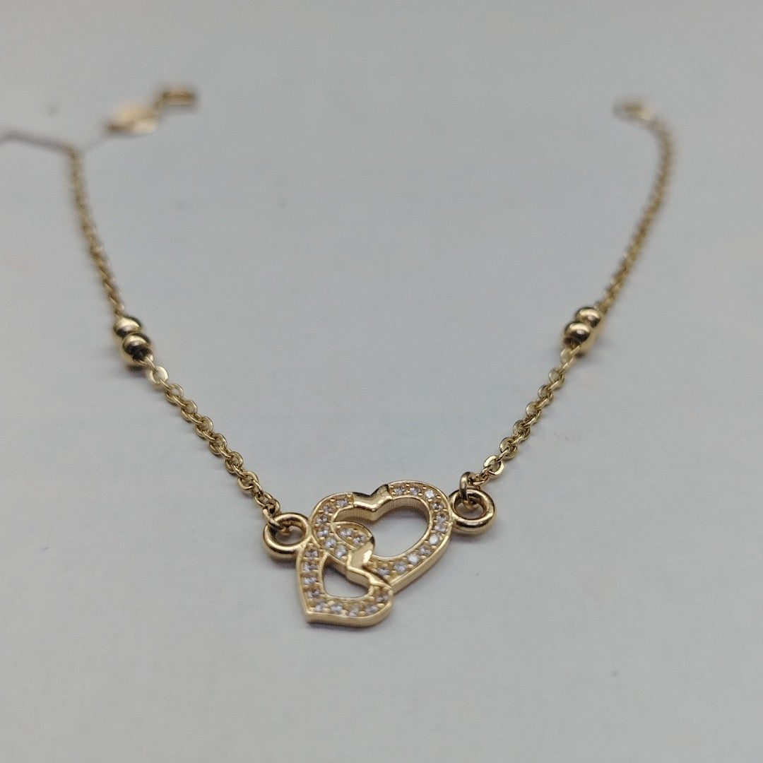 PULSERA TEJIDO ESPECIAL CORAZONES CON CIRCONIAS 14K 18 CM 2.4 GR (NUEVO)