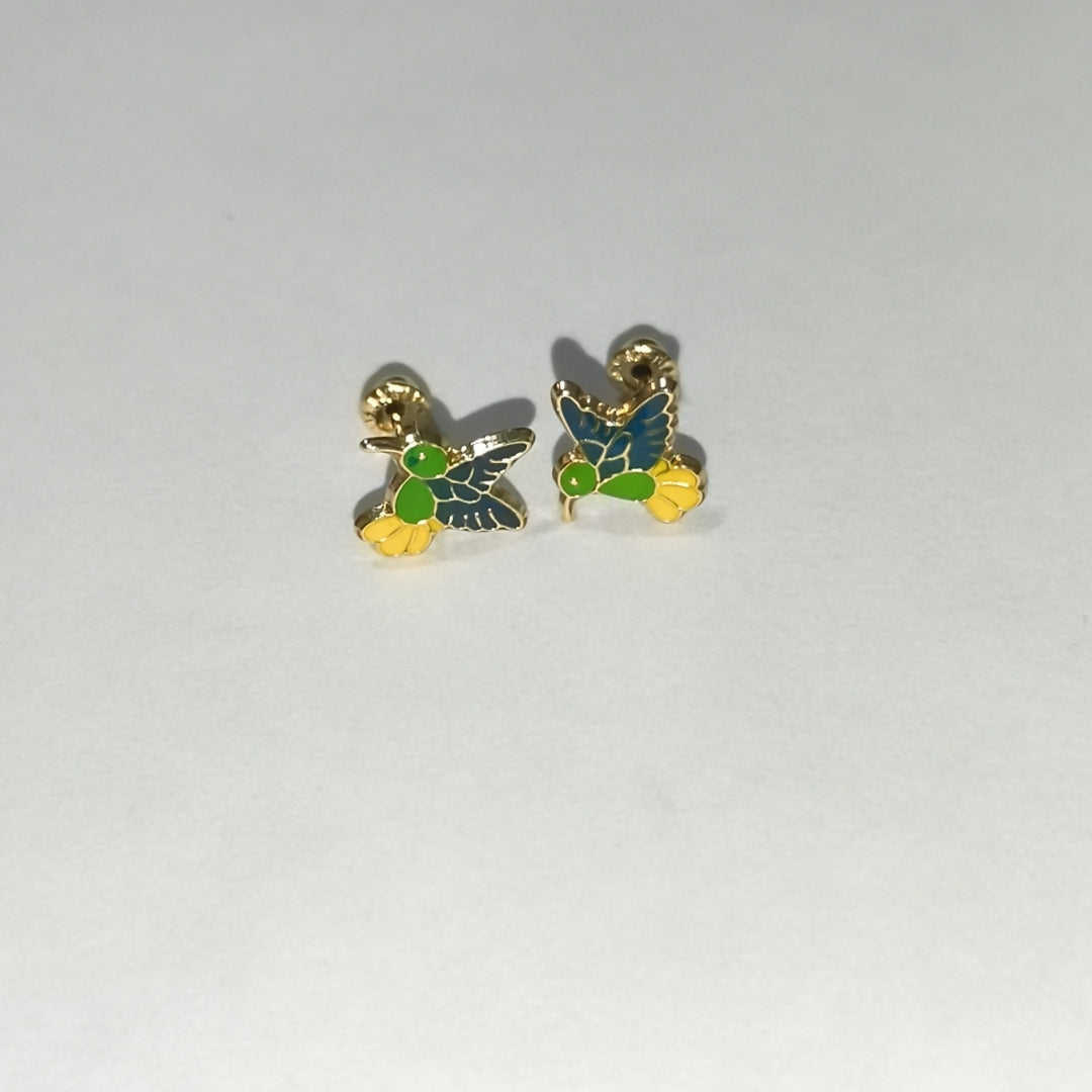 BROQUELES BROQUEL FIG COLIBRI ESMALTE VERDE 14K 0.2138 GR (NUEVO)