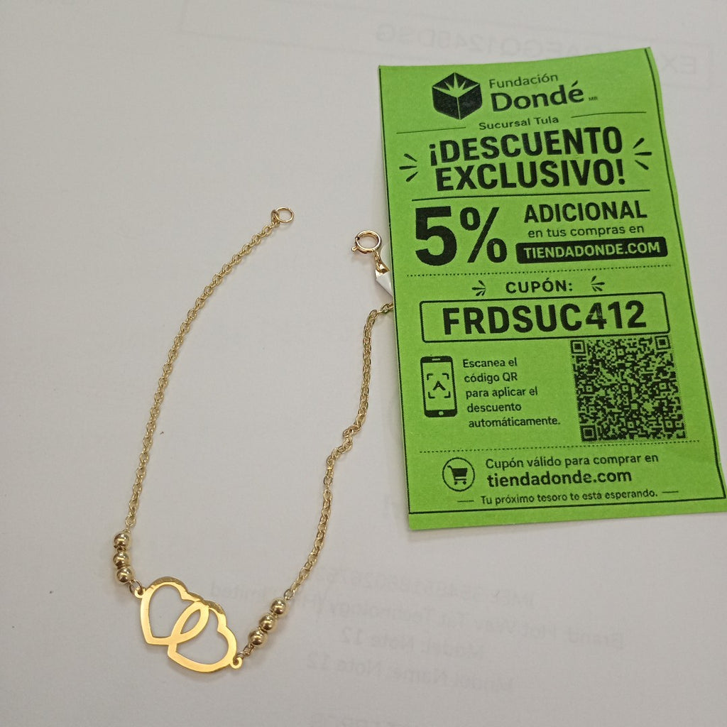 PULSERA TEJIDO ESPECIAL C CORAZONES 14K 18 CM 1.7 GR (NUEVO)