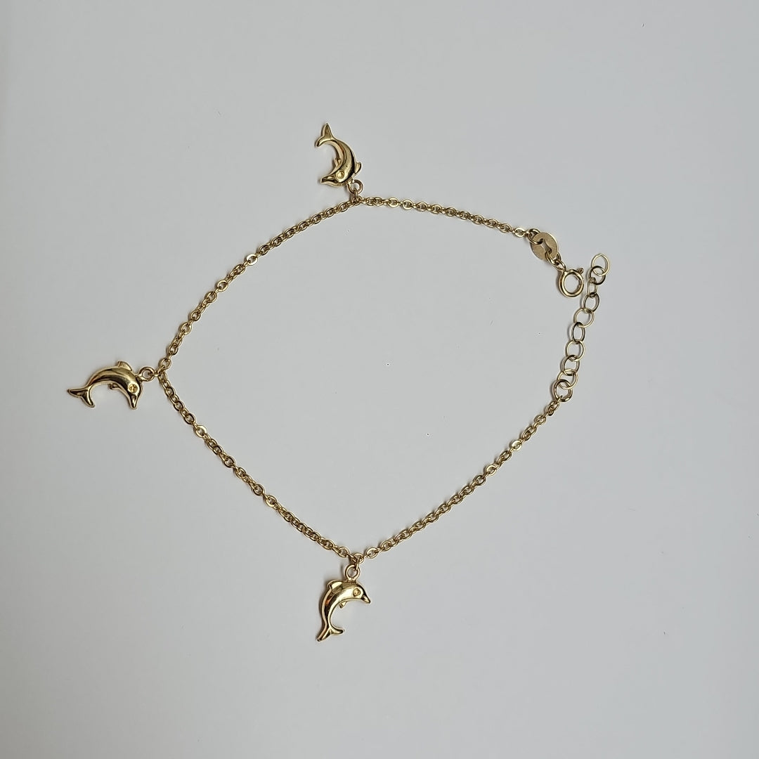 PULSERA ESPECIAL CON DIJES DELFINES 10K 18 CM 2 GR (NUEVO)