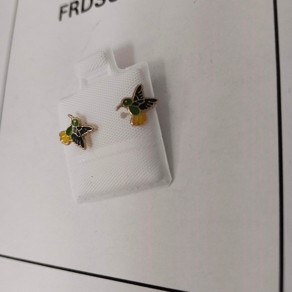 BROQUELES BROQUEL FIG COLIBRI ESMALTE VERDE 14K 0.2138 GR (NUEVO)