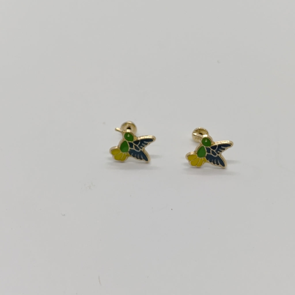 BROQUELES BROQUEL FIG COLIBRI ESMALTE VERDE 14K 0.2138 GR (NUEVO)