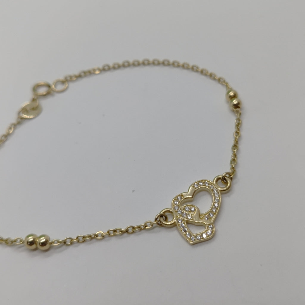 PULSERA TEJIDO ESPECIAL CORAZONES CON CIRCONIAS 14K 18 CM 2.4 GR (NUEVO)