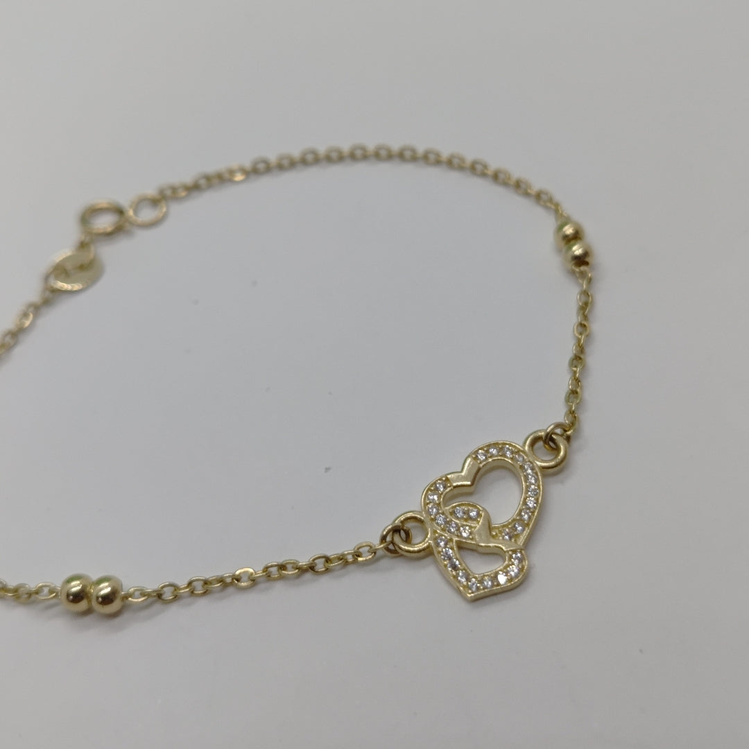 PULSERA TEJIDO ESPECIAL CORAZONES CON CIRCONIAS 14K 18 CM 2.4 GR (NUEVO)
