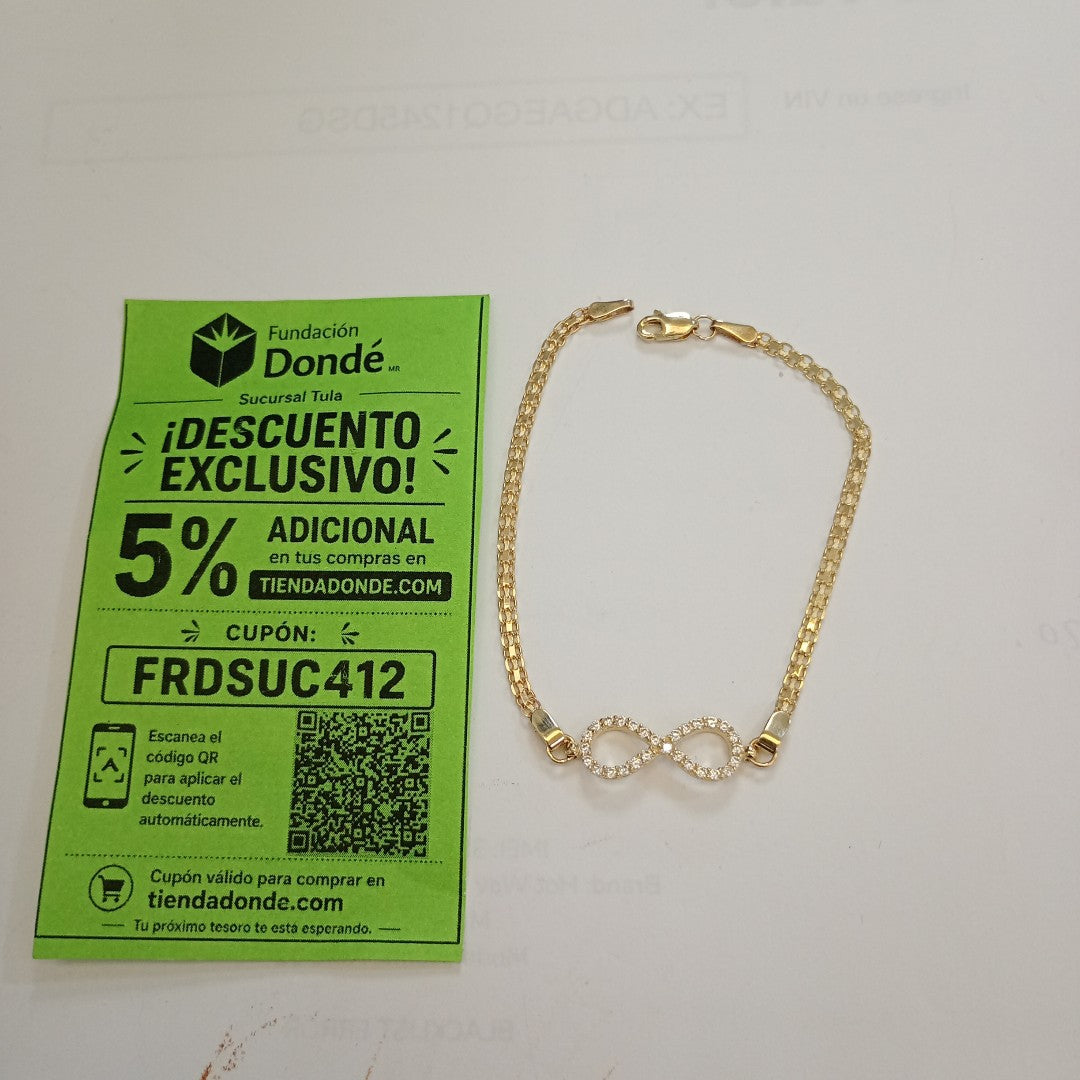 PULSERA TEJIDO ESPECIAL CON INFINITO Y CIRCONIAS 14K 18 CM 3.4 GR (NUEVO)