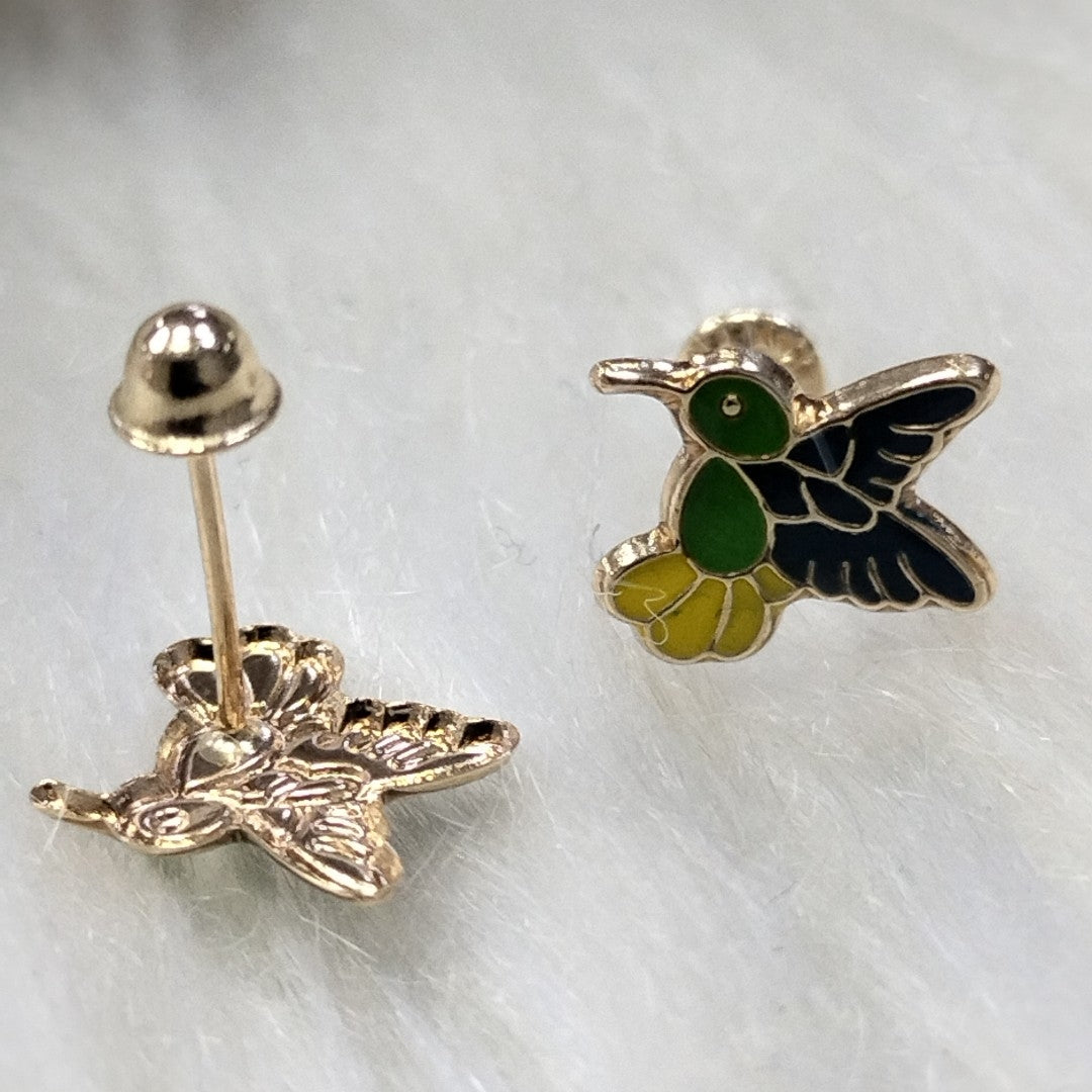 BROQUELES BROQUEL FIG COLIBRI ESMALTE VERDE 14K 0.2138 GR (NUEVO)