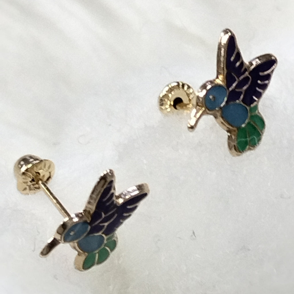 BROQUELES BROQUEL FIG COLIBRI ESMALTE AZUL 14K 0.2138 GR (NUEVO)