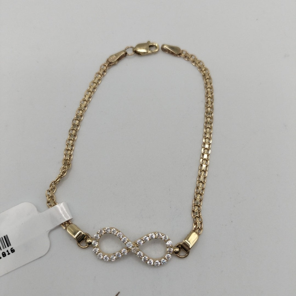 PULSERA TEJIDO ESPECIAL CON INFINITO Y CIRCONIAS 14K 18 CM 3.4 GR (NUEVO)