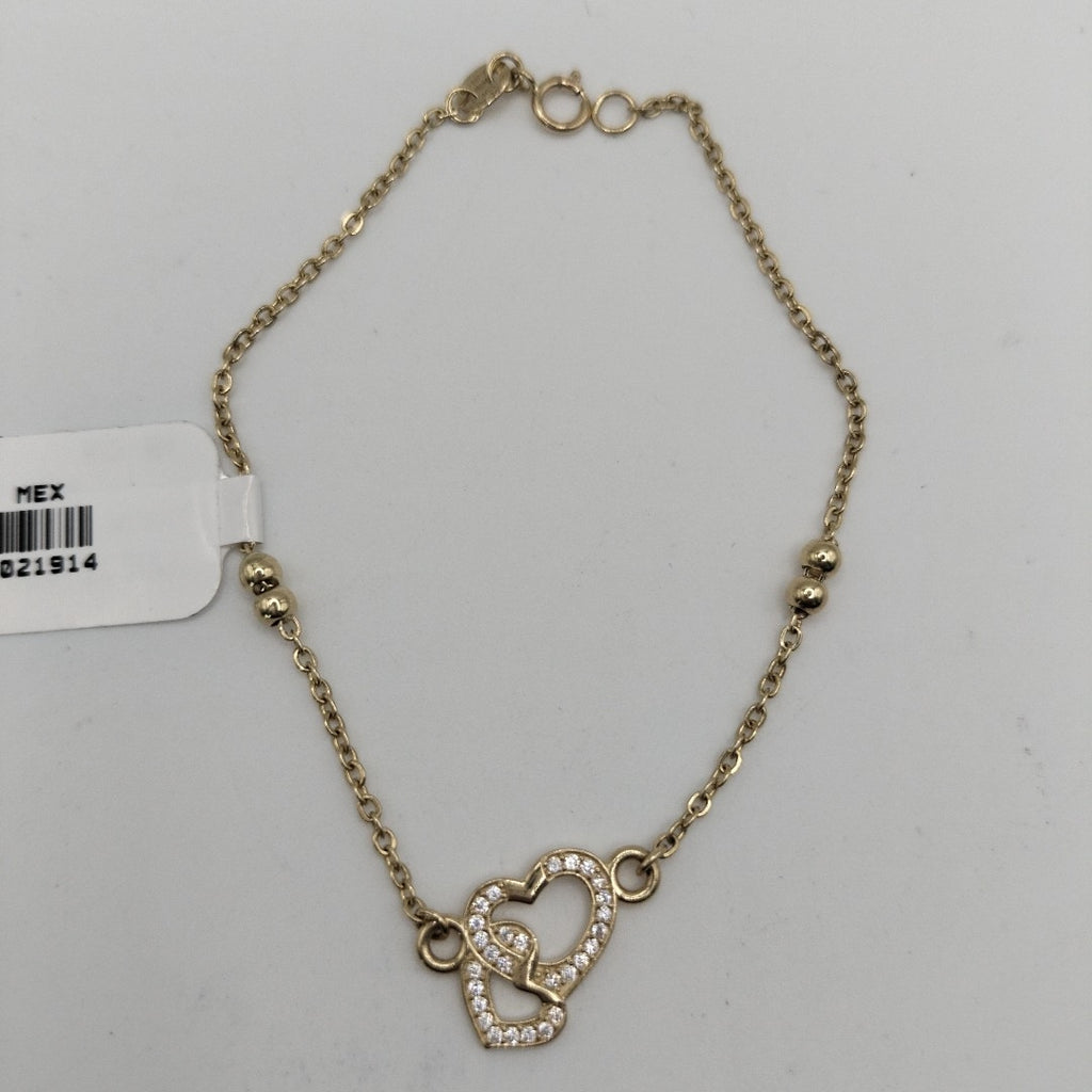 PULSERA TEJIDO ESPECIAL CORAZONES CON CIRCONIAS 14K 18 CM 2.4 GR (NUEVO)