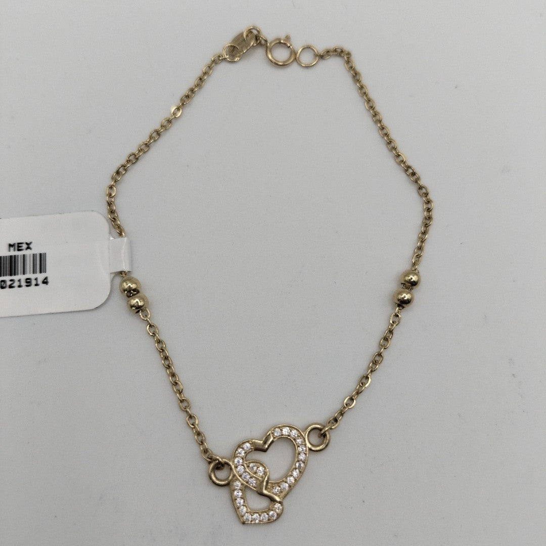 PULSERA TEJIDO ESPECIAL CORAZONES CON CIRCONIAS 14K 18 CM 2.4 GR (NUEVO)