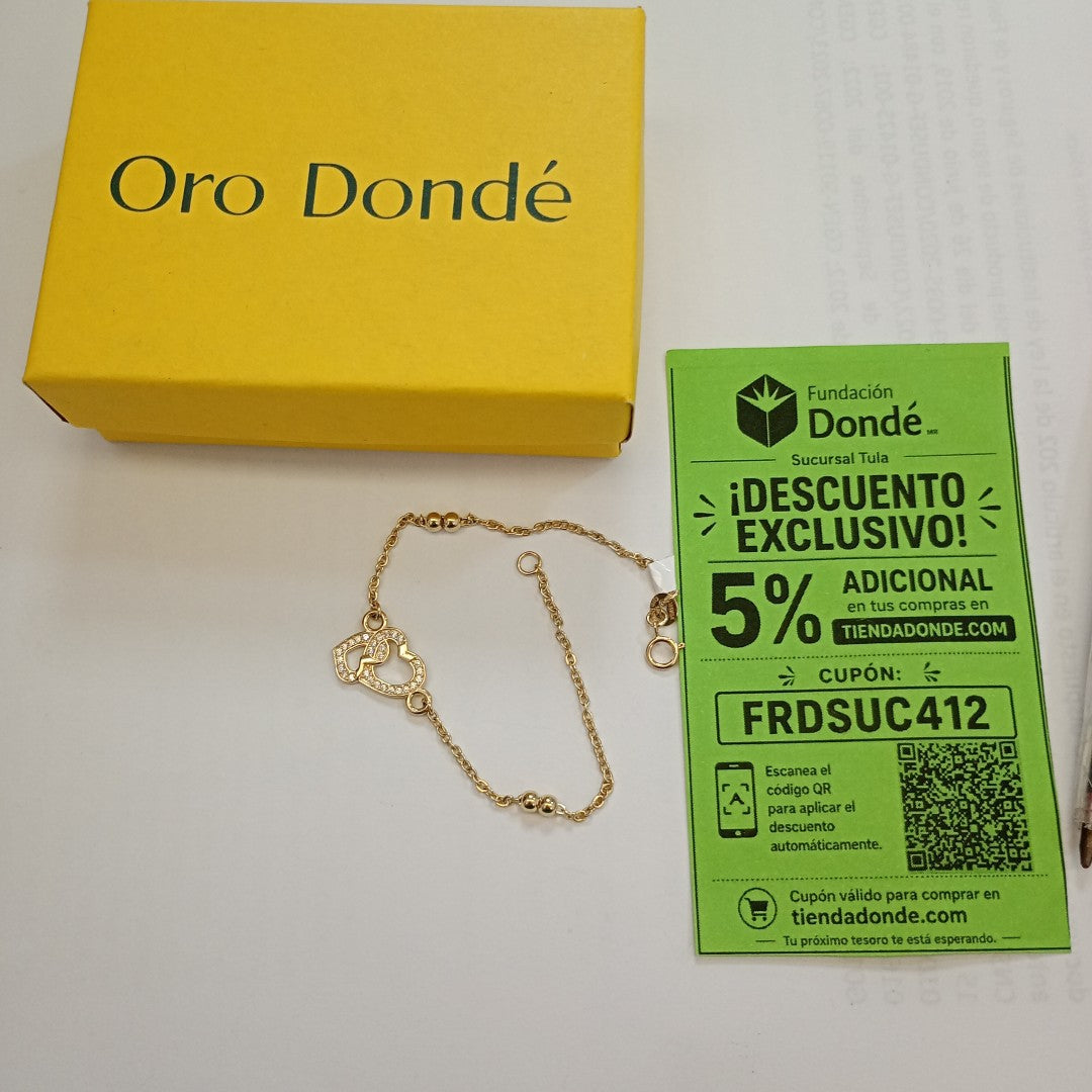 PULSERA TEJIDO ESPECIAL CORAZONES CON CIRCONIAS 14K 18 CM 2.4 GR (NUEVO)