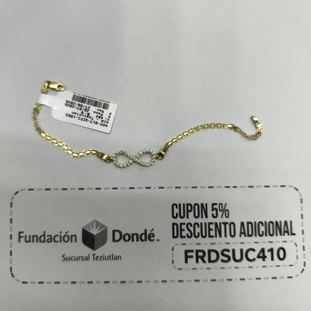 PULSERA TEJIDO ESPECIAL CON INFINITO Y CIRCONIAS 14K 18 CM 3.4 GR (NUEVO)