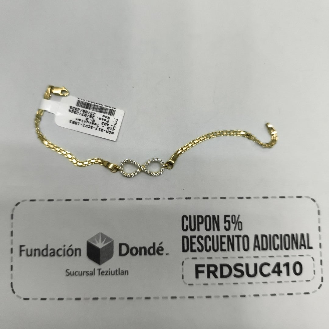 PULSERA TEJIDO ESPECIAL CON INFINITO Y CIRCONIAS 14K 18 CM 3.4 GR (NUEVO)