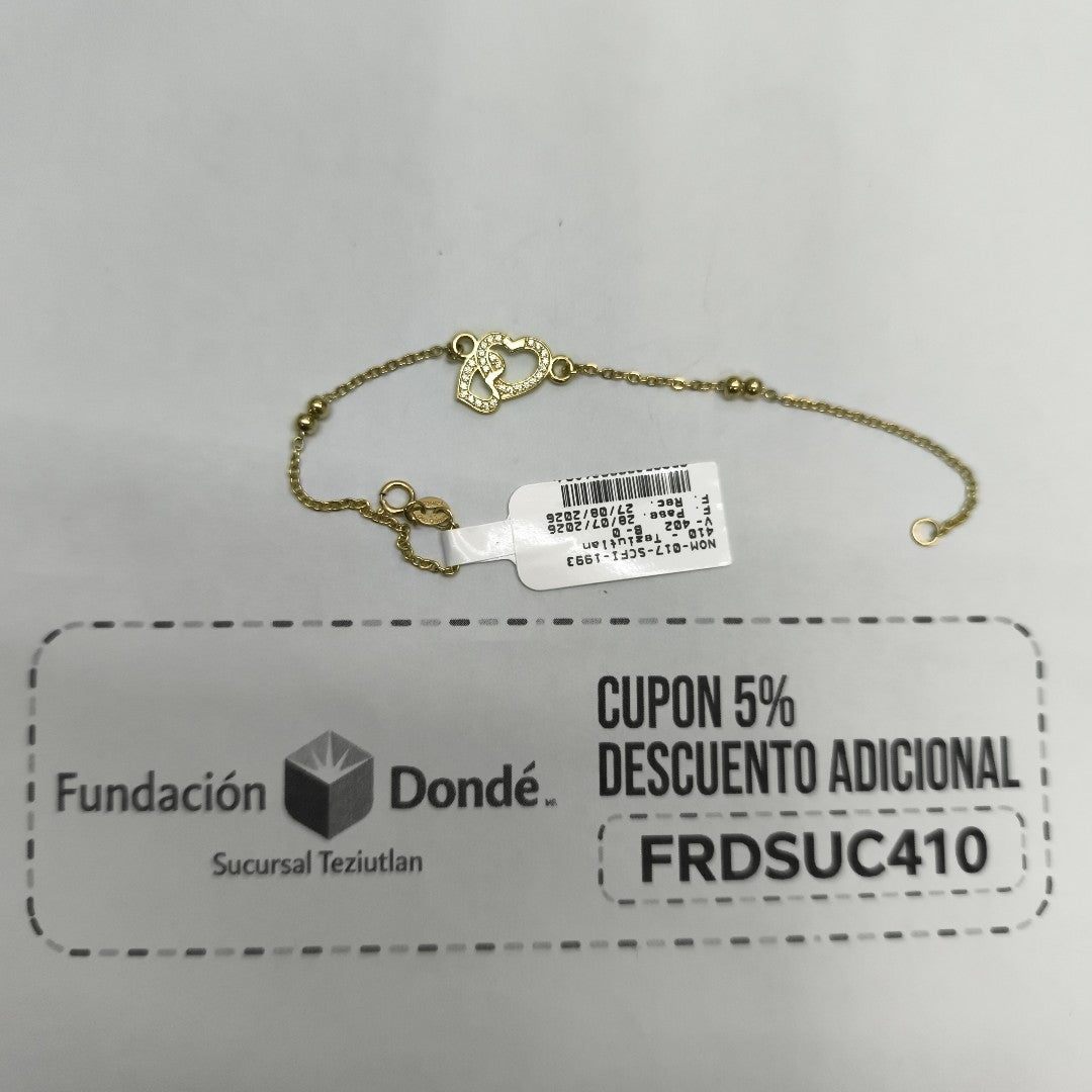 PULSERA TEJIDO ESPECIAL CORAZONES CON CIRCONIAS 14K 18 CM 2.3 GR (NUEVO)
