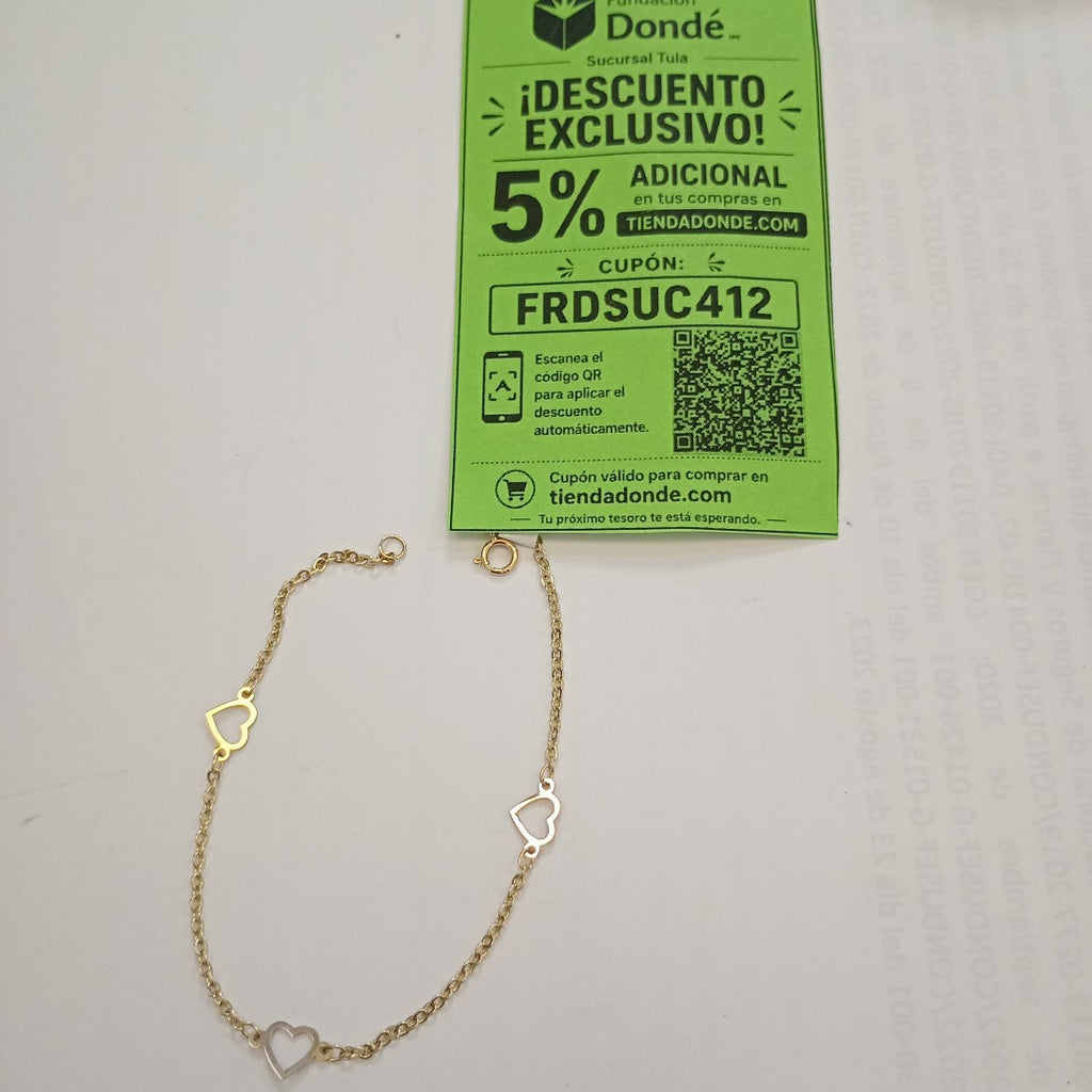 PULSERA ESPECIAL CON CORAZONES 14K 18 CM 1.3 GR (NUEVO)
