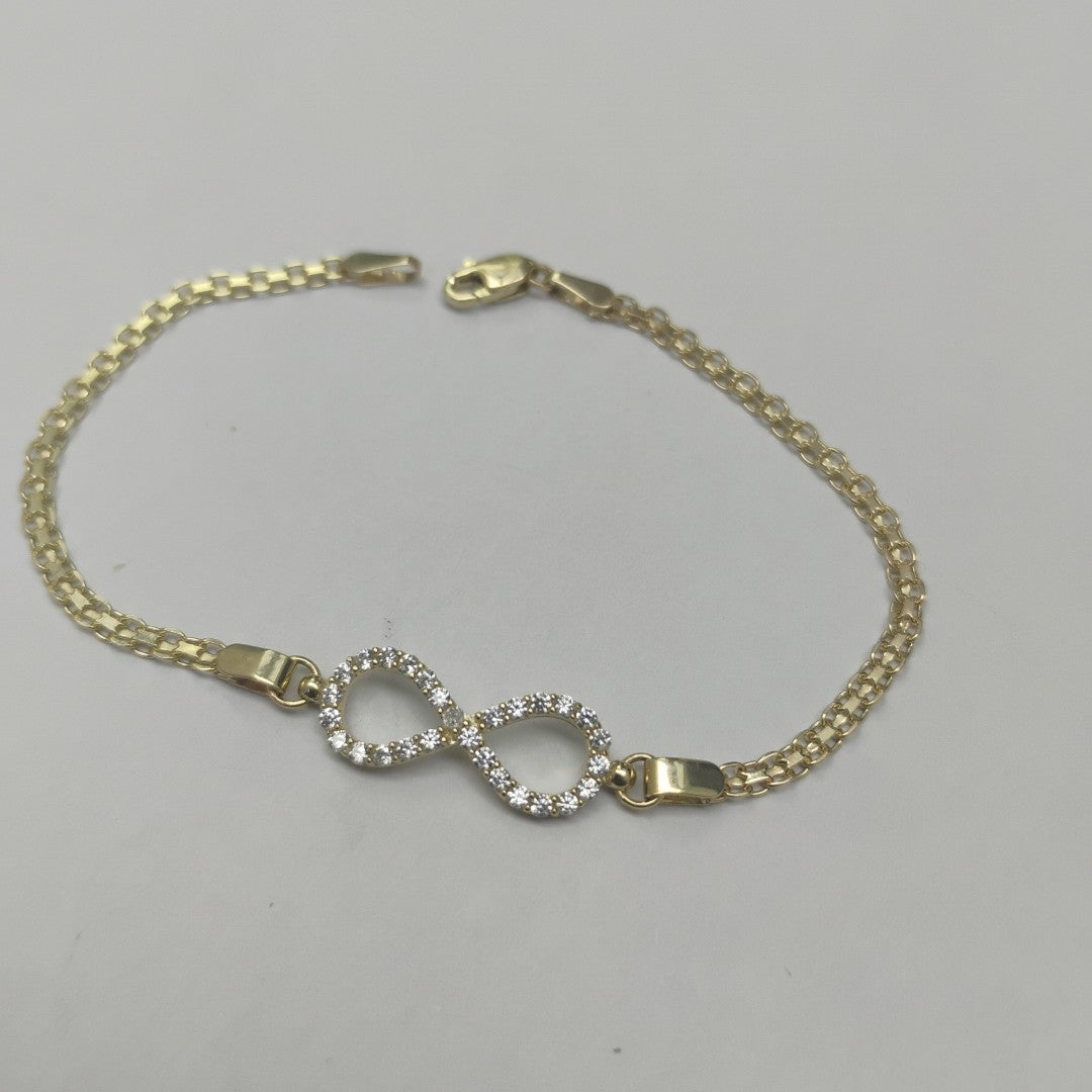 PULSERA TEJIDO ESPECIAL CON INFINITO Y CIRCONIAS 14K 18 CM 3.3 GR (NUEVO)