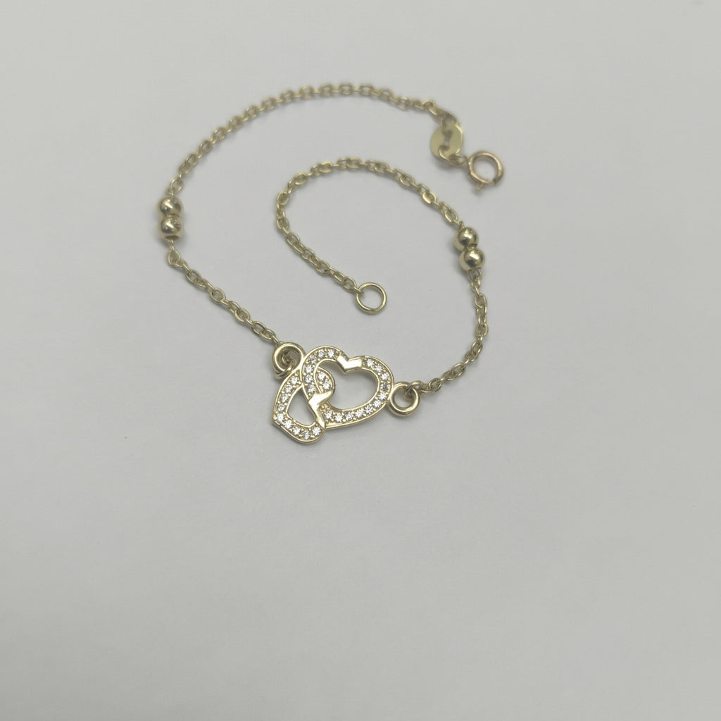 PULSERA TEJIDO ESPECIAL CORAZONES CON CIRCONIAS 14K 18 CM 2.4 GR (NUEVO)